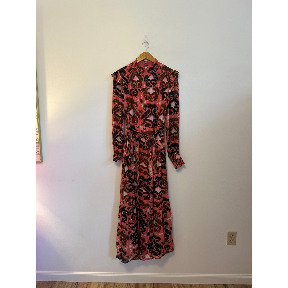 NWT Oliphant Uzbek Brick Pink Brown Lurex Smocked Neck Maxi Dress | Size Medium